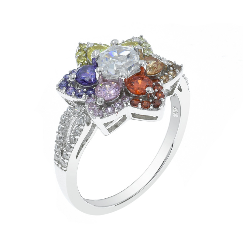 ladies floral ring with rainbow color stones
