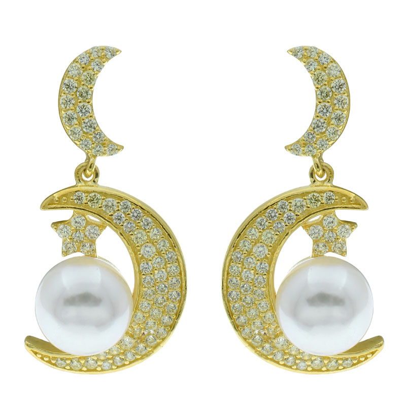 Crescent Moon Pearl Silver Earrings