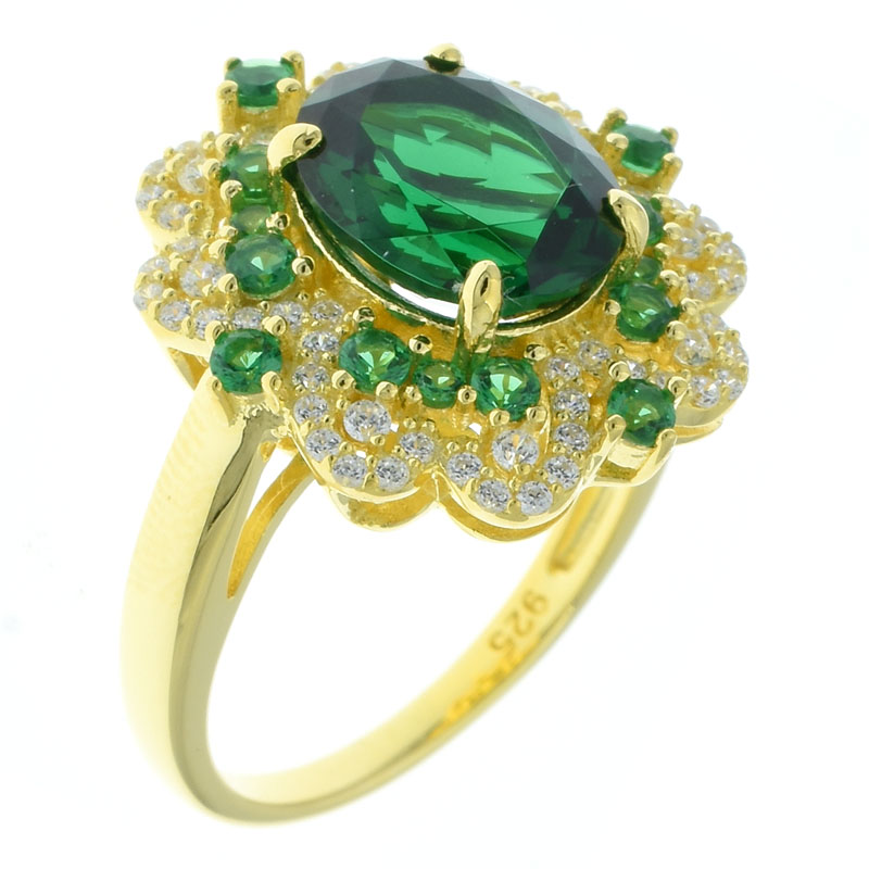 Women Gold Plated Flower Ring With Green Nano