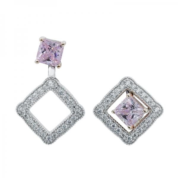 Boucles d'oreilles en argent 925 avec diamant carré rose cz 