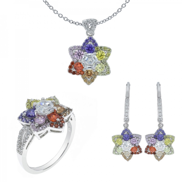 Ensemble de bijoux en forme de fleur multicolore en argent sterling 925 