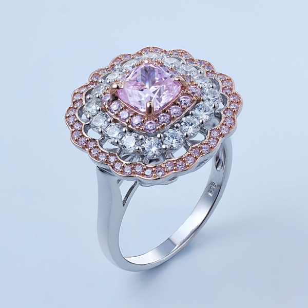 Ensemble de bijoux en argent avec fleurs en dentelle 925 et diamant en forme de coussin rose cz 
