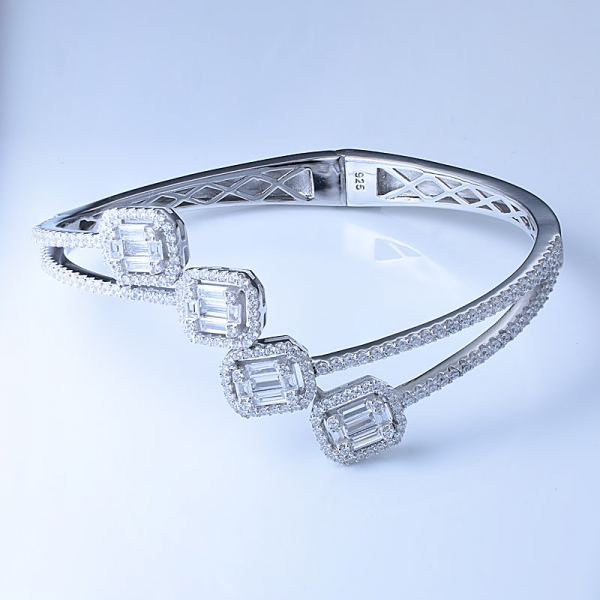 baguette coupe zircone blanche rhodium sur bracelet à ressort en argent sterling 