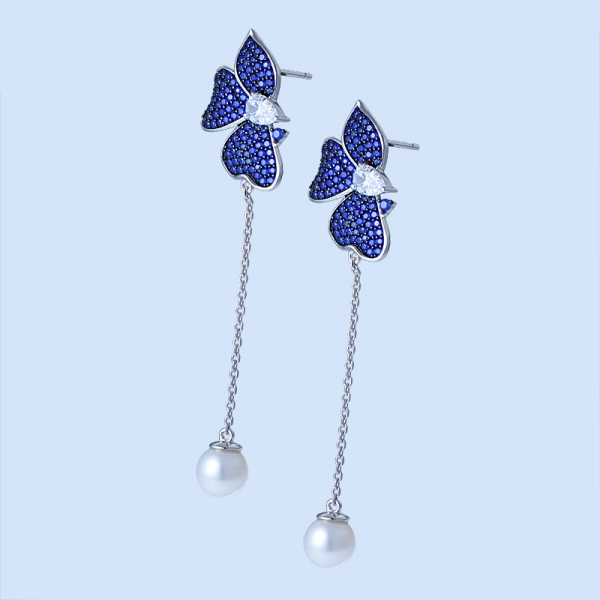 perle d'eau douce avec boucles d'oreilles en argent sterling avec rhodium saphir bleu 