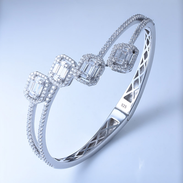 baguette coupe zircone blanche rhodium sur bracelet à ressort en argent sterling 