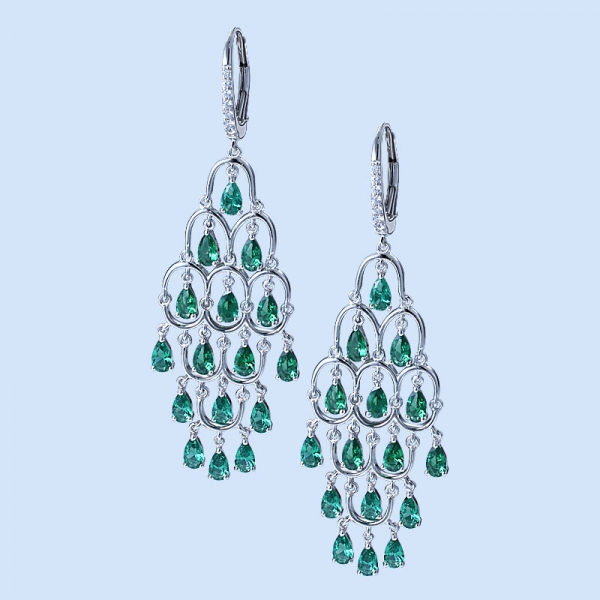 boucles d'oreilles chandelier en argent sterling avec poire vert émeraude rhodium 