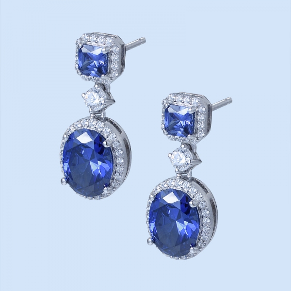 Boucles d'oreilles en argent avec tanzanite bleu ovale et rhodium pour dames 