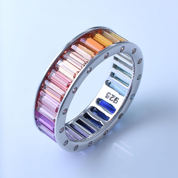 baguette coupe multi couleur corindon rhodium sur anneaux arc-en-ciel en argent sterling pour femmes 