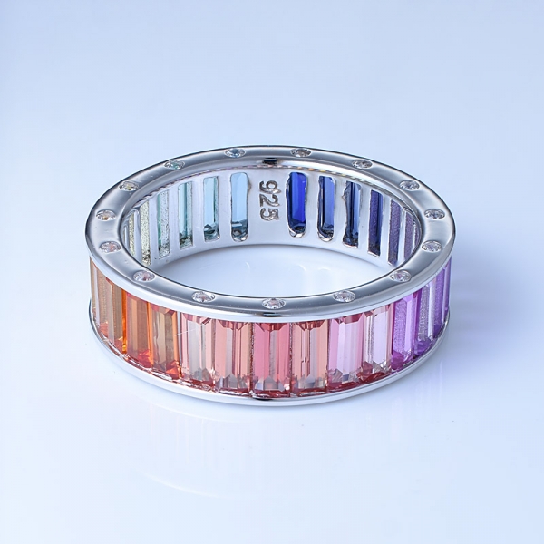 baguette coupe multi couleur corindon rhodium sur anneaux arc-en-ciel en argent sterling pour femmes 