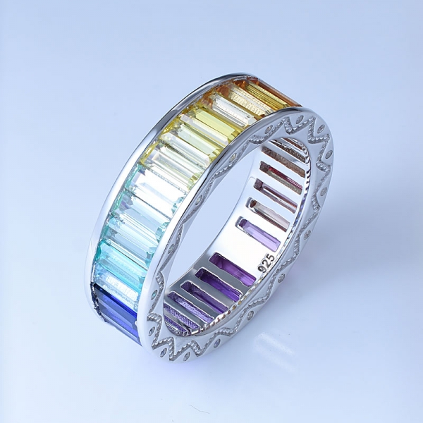 baguette coupe multi couleur corindon rhodium sur argent sterling antique anneaux arc en ciel 