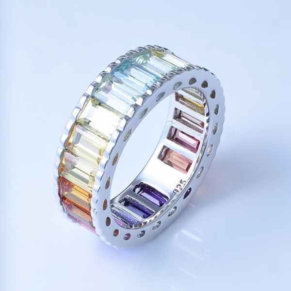 baguette coupe multi couleur corindon rhodium sur anneaux de célébrités arc-en-ciel en argent sterling 