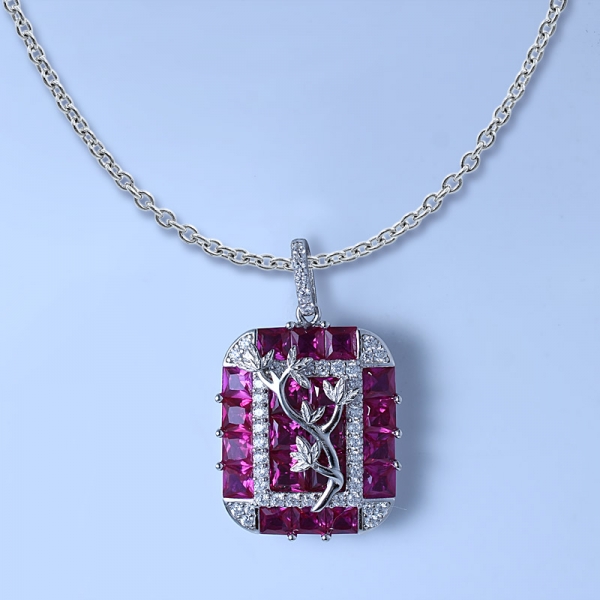laboratoire en gros créé rubis rhodium sur argent sterling cluster pendentif ensemble bijoux 