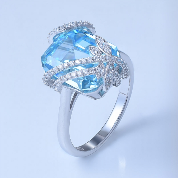 8.0ctw émeraude taille bleu aqua cz sur bague en argent sterling fleur sertie de bijoux 