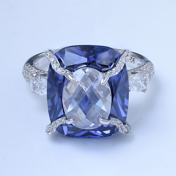 fantaisie coussin artisanal bleu tanzanite 925 argent sterling 2 anneaux d'anniversaire en pierre 