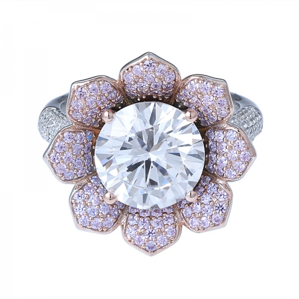 Nouvelle conception de fleur de style 10.0 mm Ronde centre blanc cz bague de fiançailles en diamant 