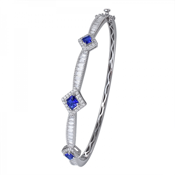 créé saphir bleu & baguette coupé blanc cz bracelet rhodié sur argent 