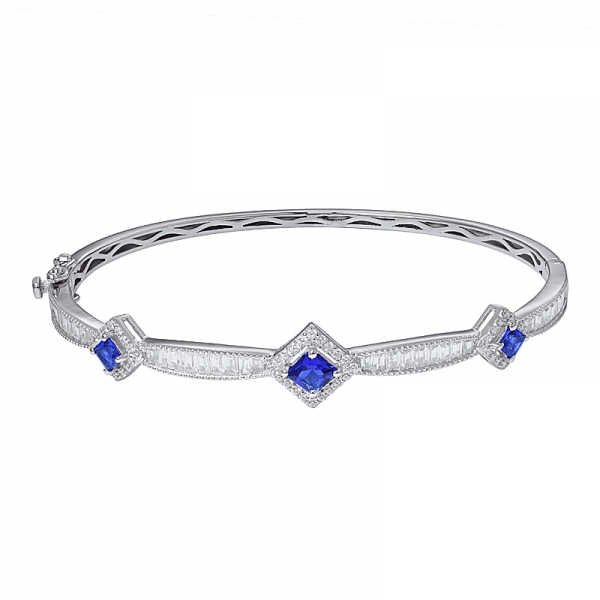 créé saphir bleu & baguette coupé blanc cz bracelet rhodié sur argent 
