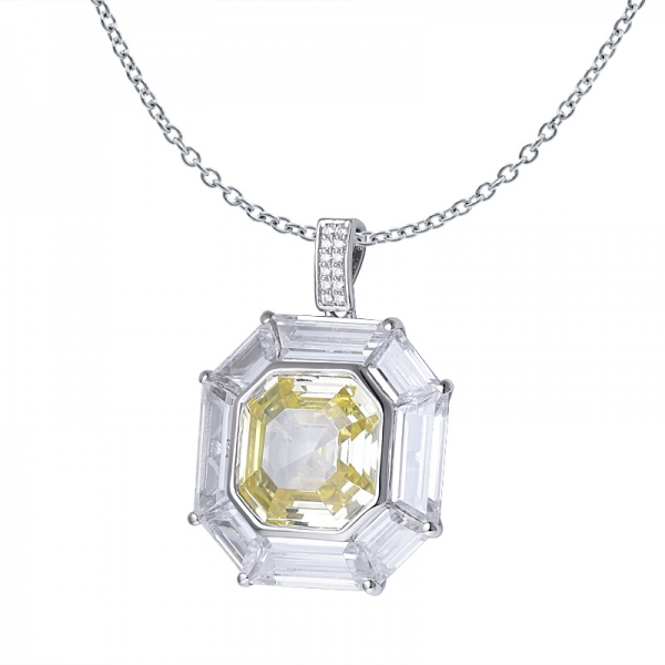 Asscher cut simuler diamant jaune rhodium sur pendentif en cristal 