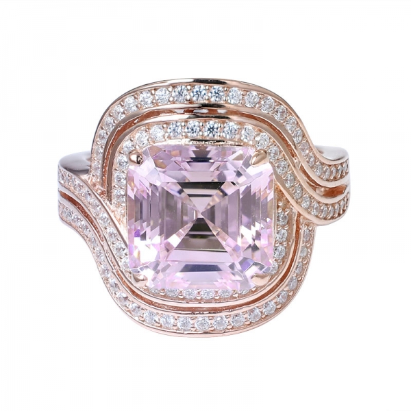  Asscher diamant rose simulé or rose sur 925 bague de mariage en argent sterling 