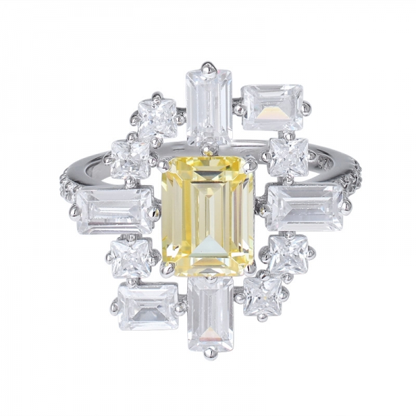1 carat créé diamant jaune taille émeraude rhodium sur bague en argent sterling 