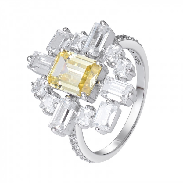 1 carat créé diamant jaune taille émeraude rhodium sur bague en argent sterling 