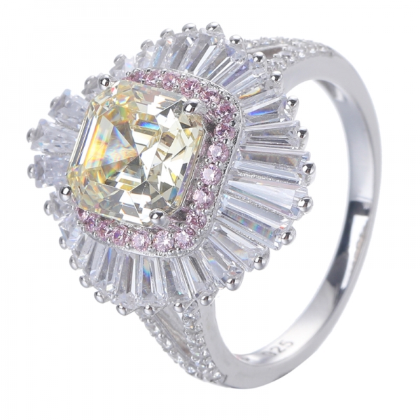 Diamant jaune simulé Asscher Couper le rhodium sur la bague de mariage en argent sterling 