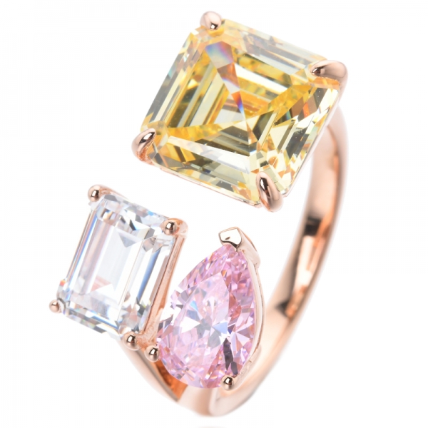  Asscher & Pear & Emerald or rose sur l'argent sterling 3 pierres antiques antiques anneaux de fiançailles 