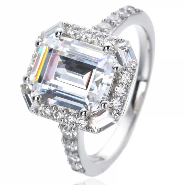 Blanc Cubic Zirconia Emerald Cut Rhodium sur des anneaux de fiançailles de mariage en argent sterling 