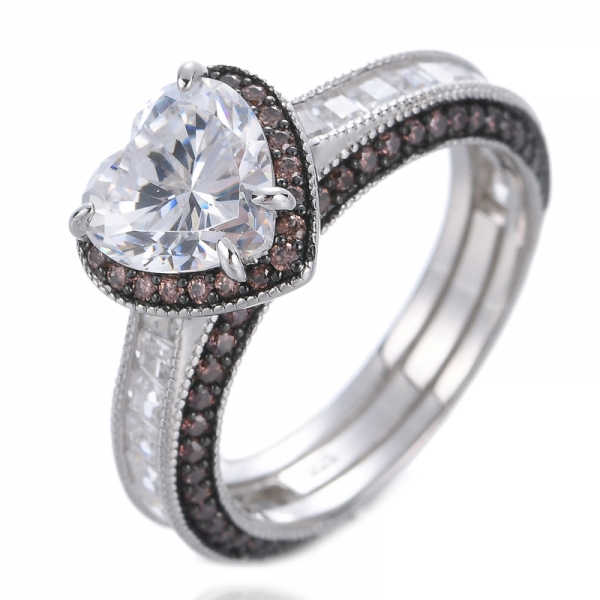 Bague en forme de coeur avec diamant rose et zircon cubique rhodié sur argent sterling 