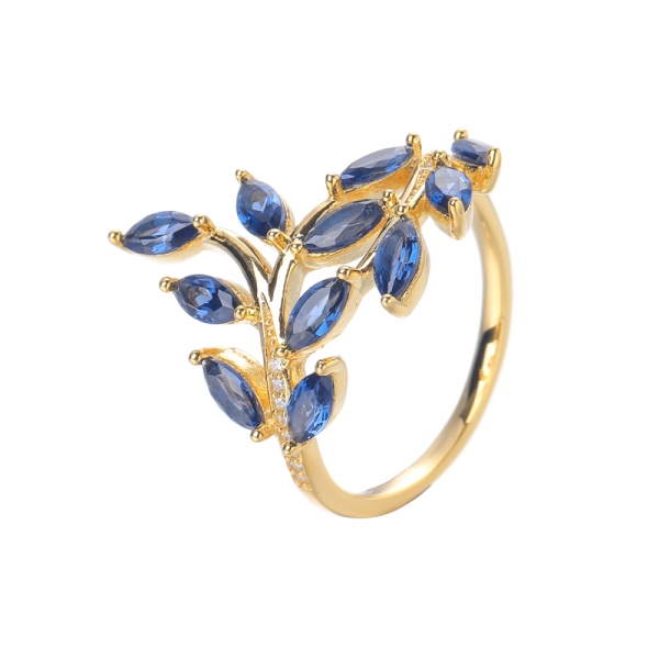 Bague de mariage en forme de feuille d'olivier en argent sterling plaqué or jaune avec pierre précieuse saphir bleu créé 