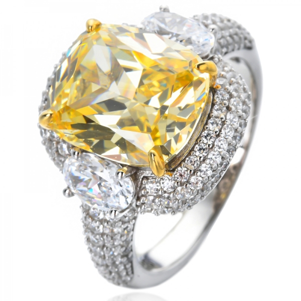 Coussin de citrine brillante en argent sterling 925 simulant des anneaux de halo de promesse de zircone de diamant jaune 