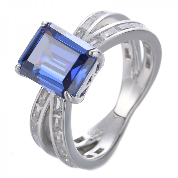 Bague de fiançailles en or blanc 8 * 10 mm taille émeraude bleu tanzanite décembre pierres précieuses diamant
 
