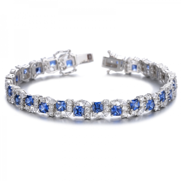 Bracelet tennis coupe princesse en argent sterling 925 avec tanzanite bleue pour femme
 