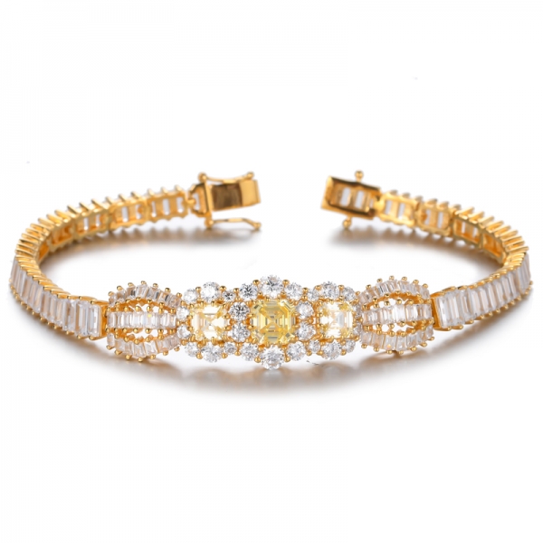 Bracelet Halo en argent sterling 925 avec diamants jaunes taille Asscher
 