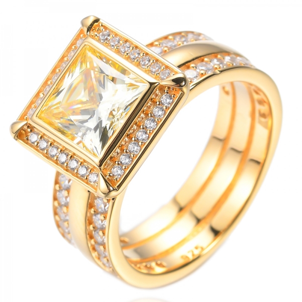 Bague en argent plaqué or 925 avec diamants taille princesse Zorcon cubique jaune
 