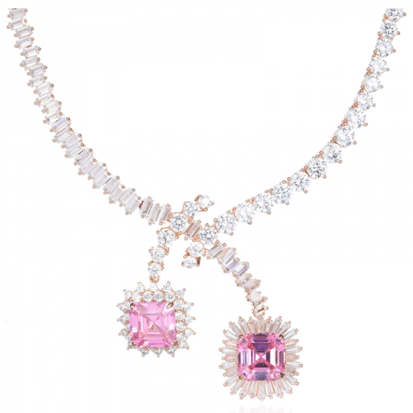 Collier de mariée de luxe en argent et or rose 18 carats avec zircon cubique rose et blanc
 