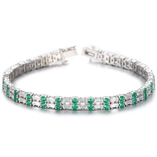 Bracelet rond vert émeraude et baguette blanche en argent rhodié et zircon cubique
 