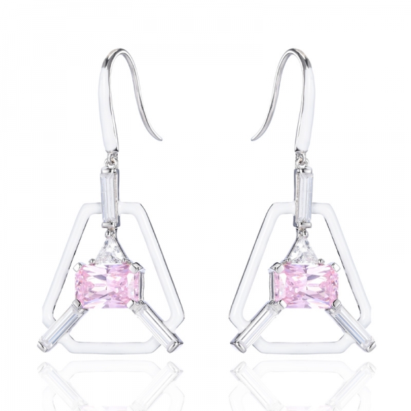 Boucles d'oreilles en argent plaqué rhodium avec zircon cubique rose et diamants en émail blanc 925
 