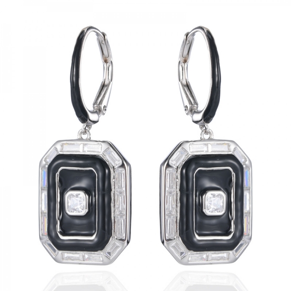 Boucles d'oreilles pendantes en argent rhodié et émail noir avec zircon cubique blanc 925
 
