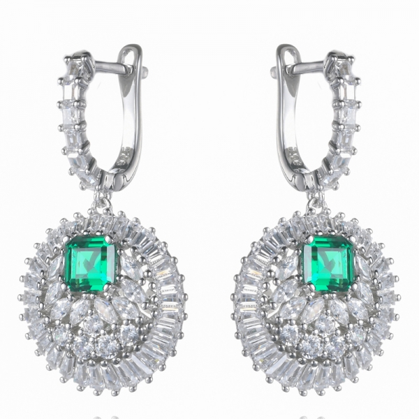 Asscher Lab-Created Boucles d'oreilles pendantes vertes émeraude et diamant pour femme
 