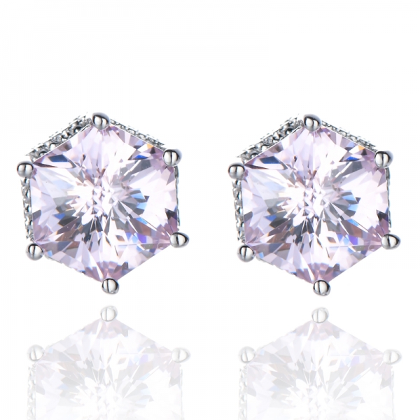 Boucles D'Oreilles Clous Fantaisie Rose Clair Diamant Cubique Hexagone En Argent Sterling 925
 