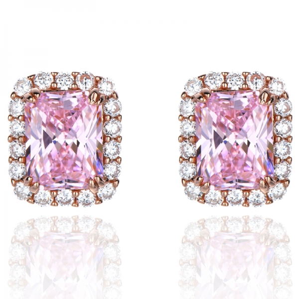 Boucles d'oreilles en or rose 18 carats avec simulant de diamant rose et zircon cubique blanc sur argent sterling 3ctw
 