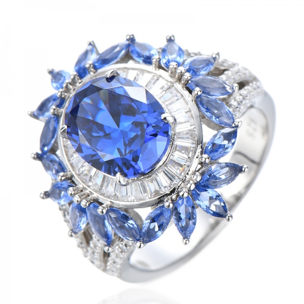 Bague de fiançailles en argent sterling avec halo de diamants taille marquise et tanzanite taille ovale 