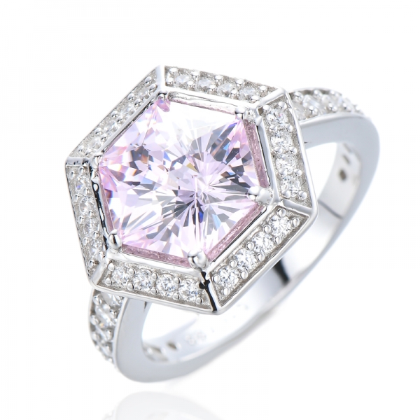 Bagues en argent sterling 925 avec diamant rose clair et zircon cubique taillées en hexagone 