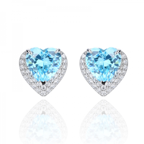 Boucle D'oreille Coeur Aqua Et Zircon Blanc Argent Rhodié 925 