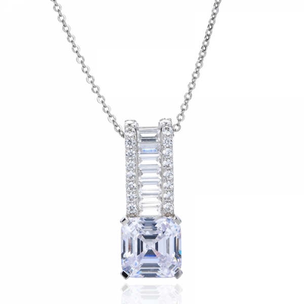 Asscher White Cubic Zircon Rhodium Silver Pendant 