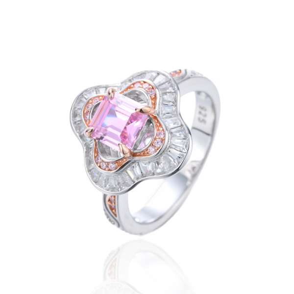 Bague en argent avec zircons cubiques roses et blancs Asscher avec placage rhodium et or rose 