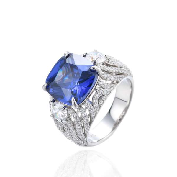 Bague Coussin Tanzanite Et Zircon Cubique Blanc Rond Argent Rhodié 