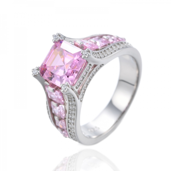 Bague Asscher et carré en argent rhodié et zircon cubique rose 