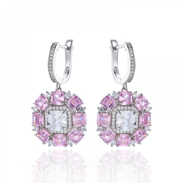 Boucle d'oreille Asscher en argent rhodié et zircon cubique blanc et rose 